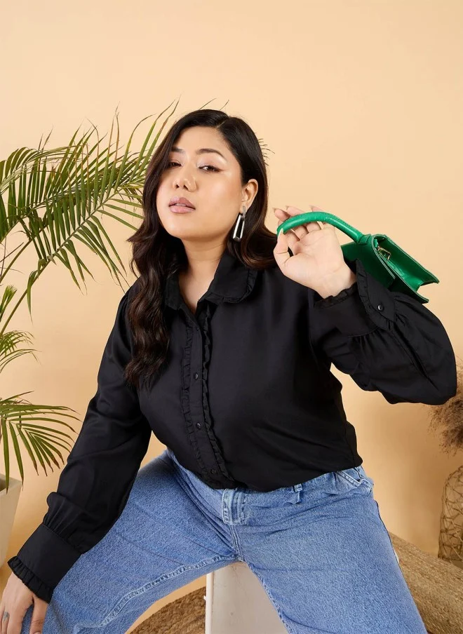 CURVY STREET Black Frilled Casual Shirt for Women