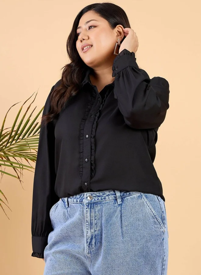 CURVY STREET Black Frilled Casual Shirt for Women