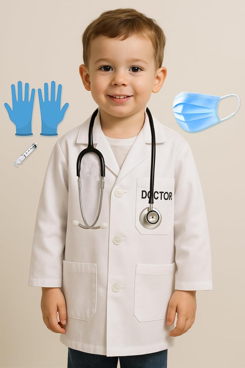 Fancy Agents Doctor dress for Kids, Lab Coat Costume for boys and girls, community helper, Scientists Dress Up with Dress, Stethoscope, mask, injection for Kids for fancy dress competition - Image 1