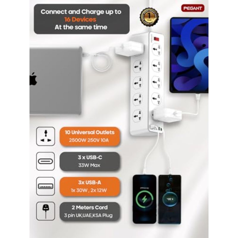 10 طرق 2 متر 6 USB سلك تمديد الطاقة عرام حامي قطاع الثقيلة مقبس كهربائي عالمي 3 USB-C ، 3 USB-A PD 33 واط ماكس 2 متر - Image 2