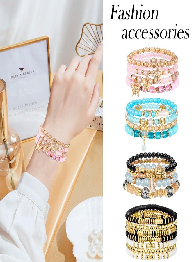 Hicdaw 4 Sets Bohemian Beaded Bracelets for Women Colorful Stretch Stackable Bracelets Layered Boho Bracelet with Dainty Jewelry - Image 3