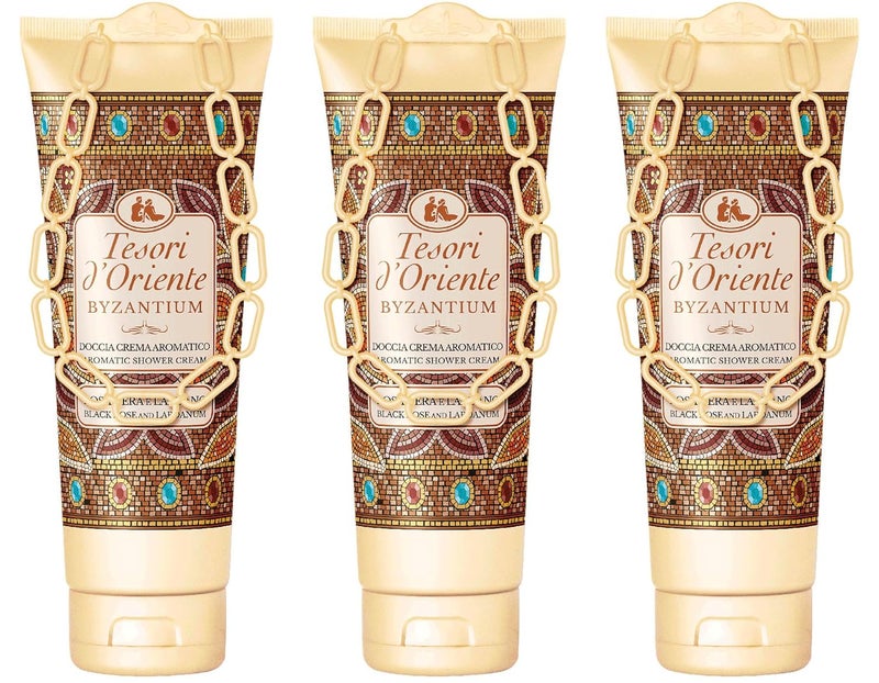 Tesori d'Oriente: "Byzantium" Aromatic Shower Cream, with Black Rose and Labdanum 8.45 Fluid Ounce (250ml) Tubes (Pack of 3) [ Italian Import ]