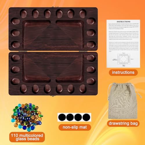 Hlimior 4Player Mancala Board Game Foldable Solid Wood with 110 MultiColoured Glass Beads Instruction Manual NonSlip MatSuitable for Family Party Travelling Adults Puzzle Interactive Game - Image 5