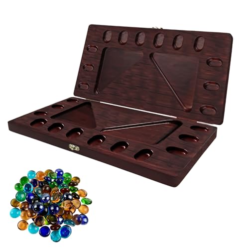 Hlimior 4Player Mancala Board Game Foldable Solid Wood with 110 MultiColoured Glass Beads Instruction Manual NonSlip MatSuitable for Family Party Travelling Adults Puzzle Interactive Game - Image 1