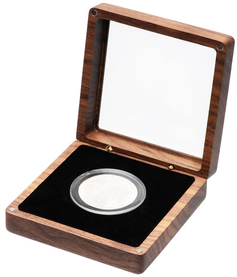 COSISO Single Walnut Wood Challenge Coin Presentation Display Box Storage Case with Clear Top and Plastic Coin Capsules with Adjustable Gasket