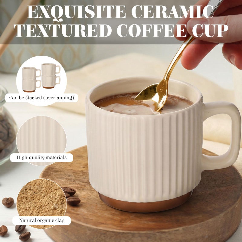 Ferrochef 6 Set Ceramic Coffee Mugs with Spoons Set, Beige Textured Ceramic Mugs with Handle, Dishwasher Microwave Safe, Aesthetic Tea Mug for Home Office, Coffee Lover Gift - Image 3