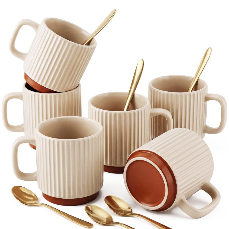 Ferrochef 6 Set Ceramic Coffee Mugs with Spoons Set, Beige Textured Ceramic Mugs with Handle, Dishwasher Microwave Safe, Aesthetic Tea Mug for Home Office, Coffee Lover Gift - Image 1