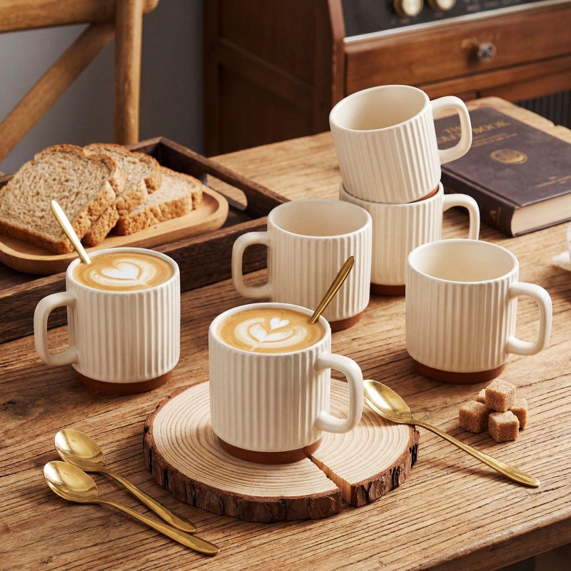 Ferrochef 6 Set Ceramic Coffee Mugs with Spoons Set, Beige Textured Ceramic Mugs with Handle, Dishwasher Microwave Safe, Aesthetic Tea Mug for Home Office, Coffee Lover Gift - Image 4
