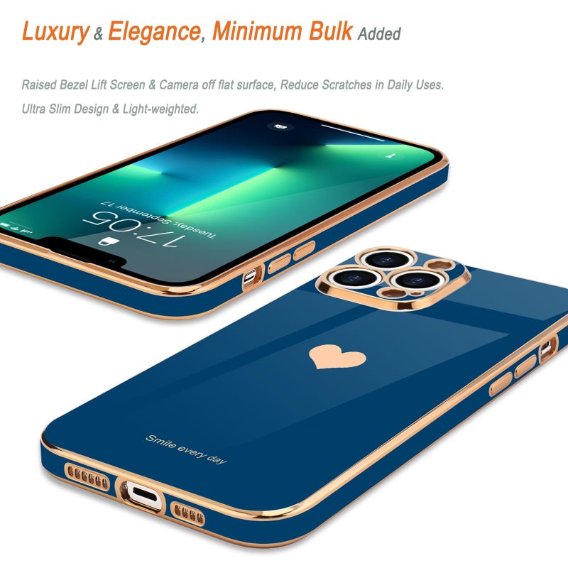 Teageo Compatible with iPhone 13 Pro Case for Girl Women Cute Love-Heart Luxury Plating Soft Back Cover Raised Camera Protection Bumper Silicone Shockproof Phone Case for iPhone 13 Pro, Royal Blue - Image 4