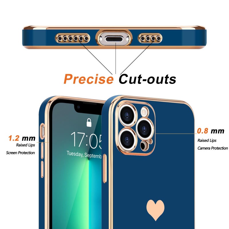 Teageo Compatible with iPhone 13 Pro Case for Girl Women Cute Love-Heart Luxury Plating Soft Back Cover Raised Camera Protection Bumper Silicone Shockproof Phone Case for iPhone 13 Pro, Royal Blue - Image 3