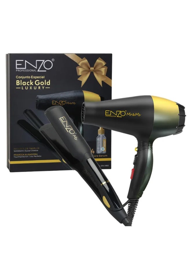 ENZO Professional EN-3960 Ionic Hair Dryer + Tourmaline Straightener + 4 Nourishing Hair Serums – Professional Styling Kit, Gift Box Included - Intl Version - Image 1