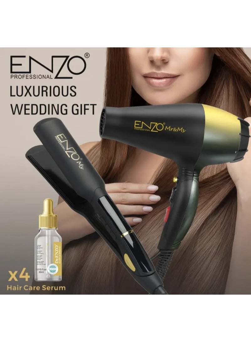 ENZO Professional EN-3960 Ionic Hair Dryer + Tourmaline Straightener + 4 Nourishing Hair Serums – Professional Styling Kit, Gift Box Included - Intl Version - Image 2