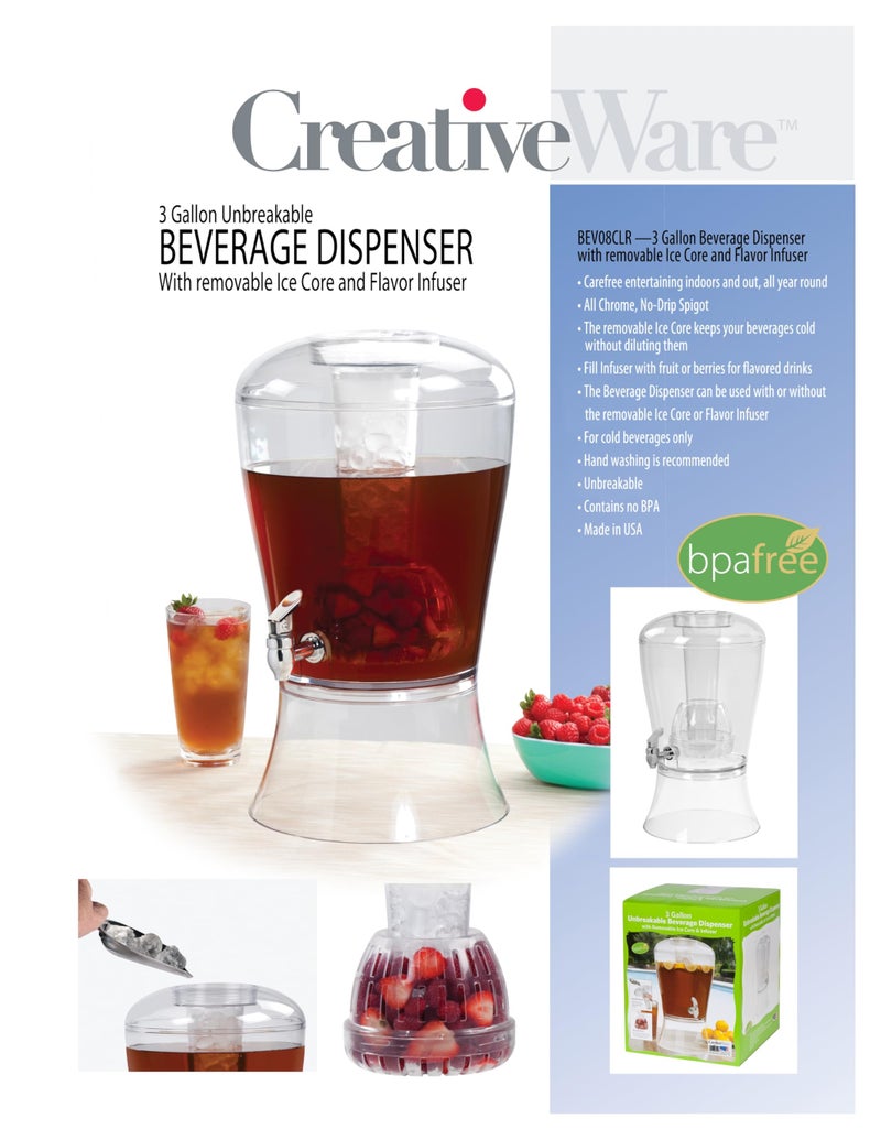 CreativeWare 3 Gallon Beverage Dispenser With Ice Cylinder And Fruit Infuser - Image 3