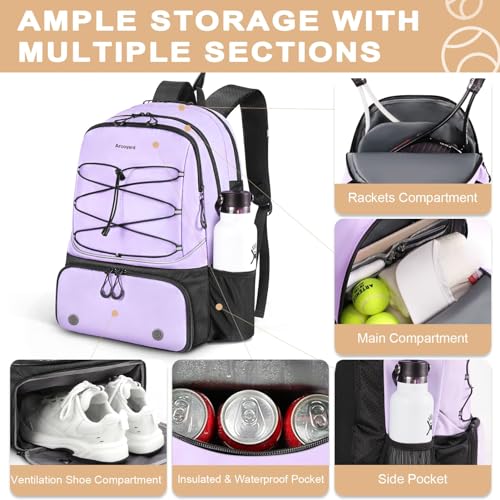 Arcoyard Large Tennis Bag for Women Ventilated Shoe Compartment Insulated Pocket Holds 2 TennisPickleball Rackets Balls Purple - Image 3