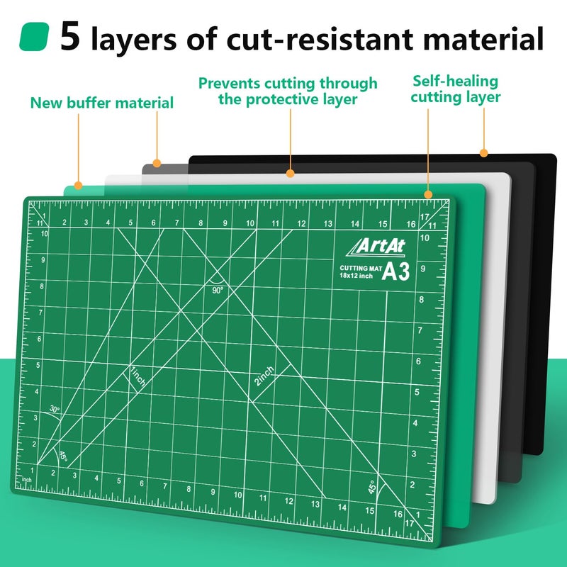 ArtAt Self Healing Cutting Mat: 12inch x 18inch Double Sided 5-Ply Fabric Cutting Mat for Sewing, Quilting & Arts & Crafts - Gridded Rotary Cutting Board Mat in Green/Black. - Image 4