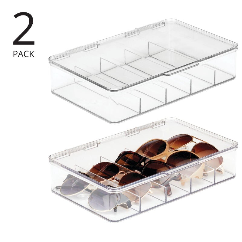 mDesign Plastic Stackable Eyeglass Case Storage Organizer with Hinged Lid for Unisex Sunglasses, Reading Glasses, Fashion Eye Wear, Protective Glasses, 5 Sections, Ligne Collection - 2 Pack - Clear - Image 2
