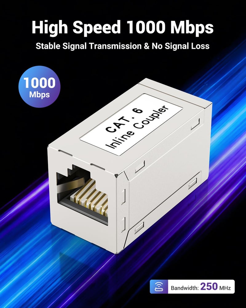 VCELINK RJ45 Coupler Shielded, Ethernet Cable Extender CAT6/CAT5E/CAT5 Inline Coupler PoE Female to Female Connector in Silver, 5-Pack - Image 2