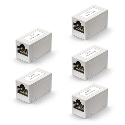 VCELINK RJ45 Coupler Shielded, Ethernet Cable Extender CAT6/CAT5E/CAT5 Inline Coupler PoE Female to Female Connector in Silver, 5-Pack - Image 1
