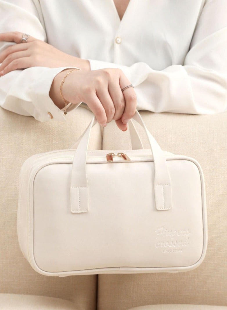 عام إكسسوارات سفر - حقيبة مكياج للنساء، حقيبة مستحضرات تجميل كبيرة السعة، جلد PU محمول، منظم مكياج مقاوم للماء مع مقبض، حقيبة مستلزمات سفر أنيقة، هدية رائعة لها - Image 3