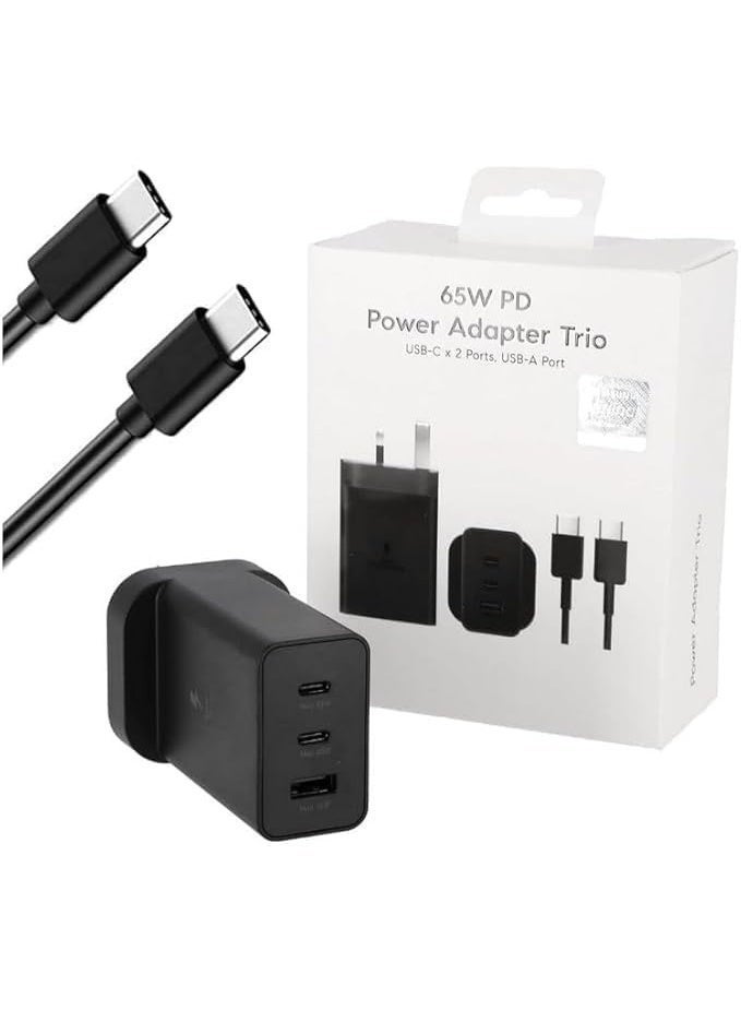 DazzleDeals 65W Trio Fast Charger Adapter for Samsung S25 Ultra, S24 Ultra, S23 Ultra, S22, Z Fold 6/5, A06 LTE, A55 LTE – Dual Type-C & USB-A Ports (Cable Included, Black) (65W)