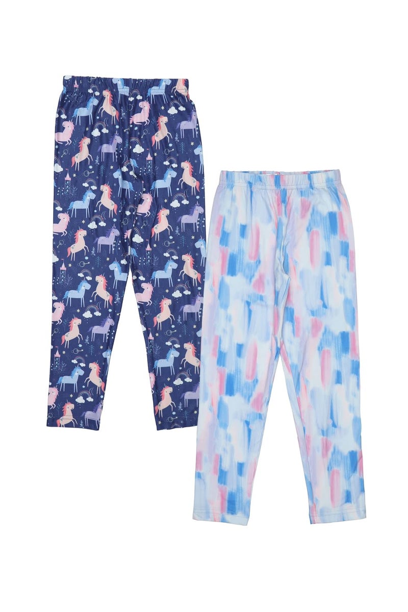 Doodle Premium 100% Cotton Leggings Stretchable Pants for Girls | Printed | Anti Shrink & Fade Resistant | Elasticated Waist | Ankle Length (Age – 7 to 8 Years | Set of 2 | Navy & Blue) - Image 1