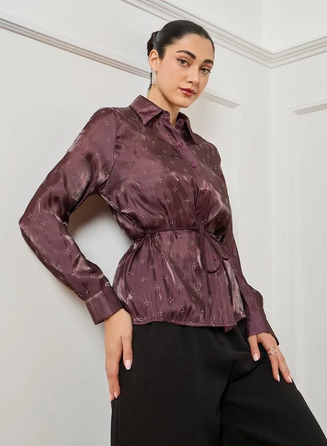 Styli Burgundy Waist-Tie Embellished Shirt