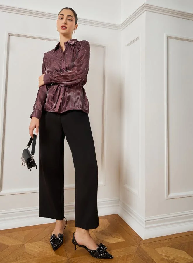 Styli Burgundy Waist-Tie Embellished Shirt