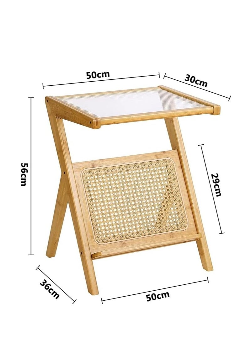 FFD Rattan Nightstand Side Table, Bamboo Accent Bedside Tables, Glass Coffee Tables