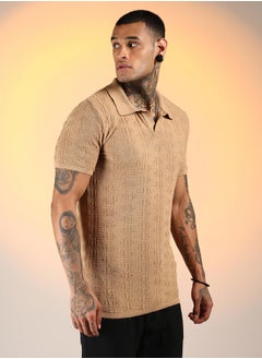 كامبوس سوترا Men's Sand Beige Greek-Textured Polo T-Shirt  - Image 3