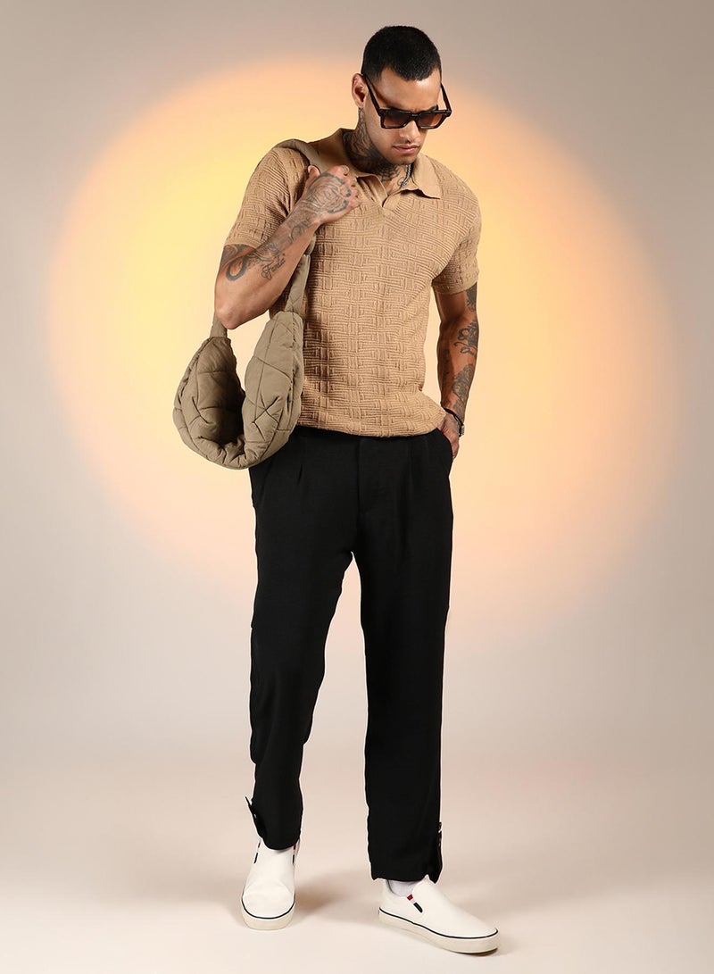 Men's Sand Beige Greek-Textured Polo T-Shirt