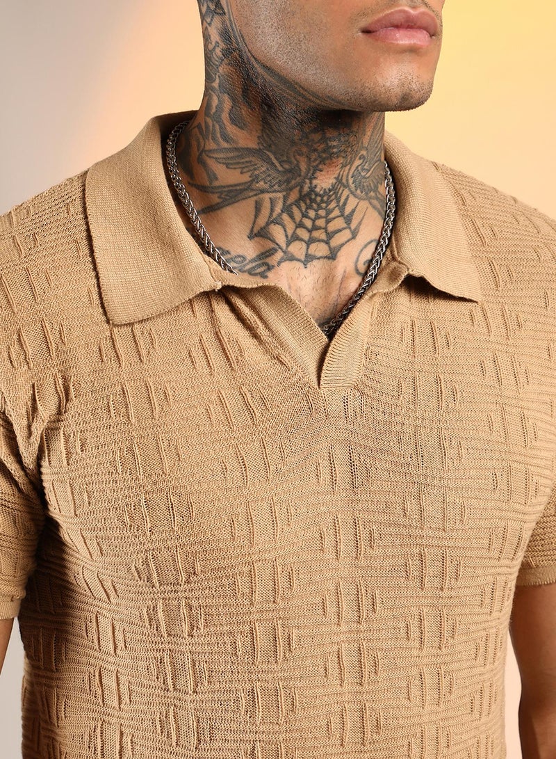 Men's Sand Beige Greek-Textured Polo T-Shirt