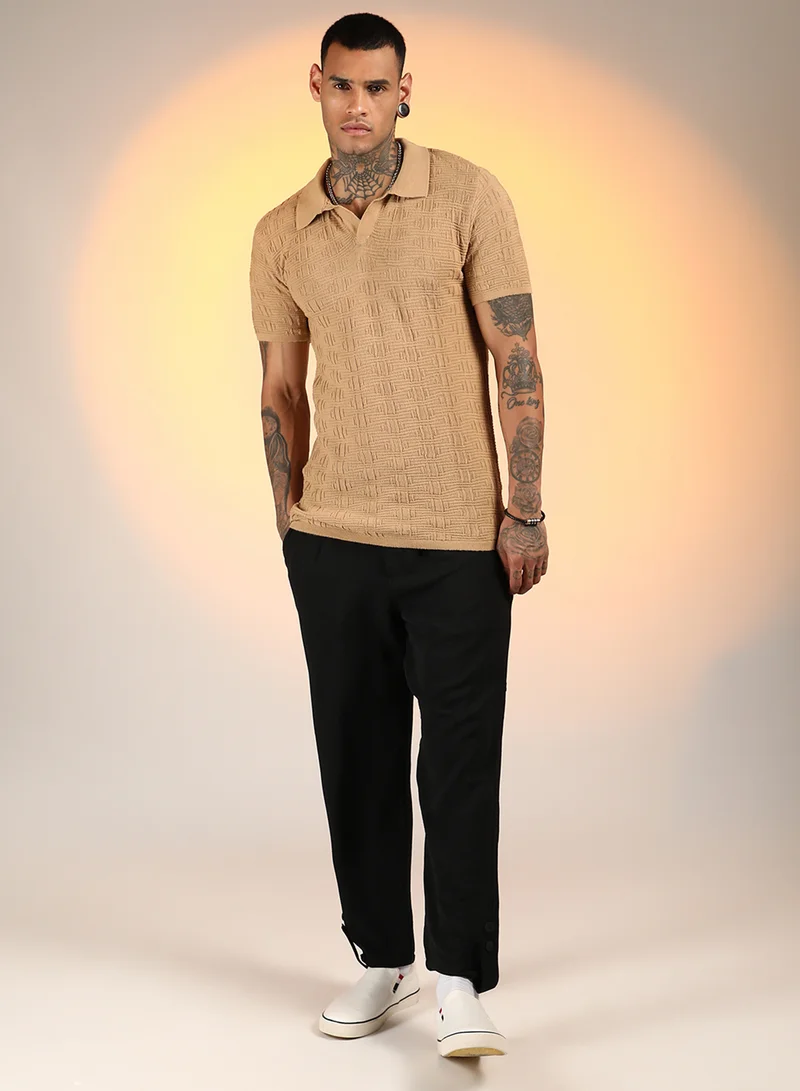 Campus Sutra Men's Sand Beige Greek-Textured Polo T-Shirt