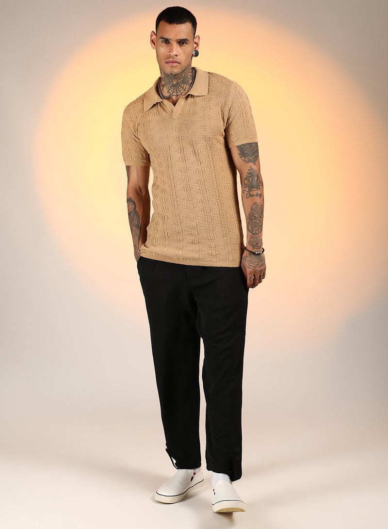 Men's Sand Beige Greek-Textured Polo T-Shirt