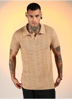 كامبوس سوترا Men's Sand Beige Greek-Textured Polo T-Shirt  - Image 2