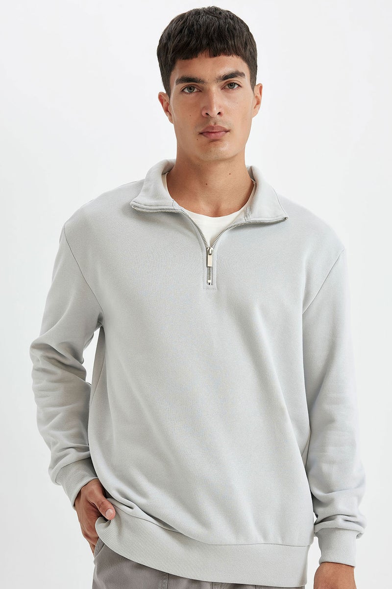 DeFacto Grey Man Comfort Fit Stand Collar Zippered Thick Sweatshirt Casual - Image 1