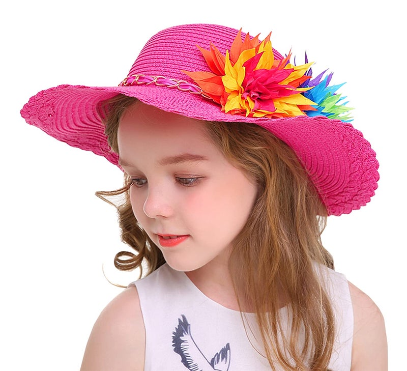 Bienvenu Kids Girls Multi-Colors Large Brim Flower Beach Straw Sun Hats,Fuchsia - Image 1