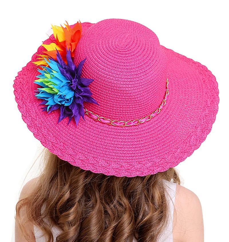 Bienvenu Kids Girls Multi-Colors Large Brim Flower Beach Straw Sun Hats,Fuchsia - Image 4
