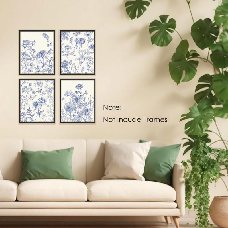 BESERH Chinoiserie Floral Wall Decor, Blue and White Floral Wall Art Prints, Grandmillennial Vintage Flower Posters for Home Bedroom Living Room, 8x10 Inches Set of 4 Unframed - Image 3