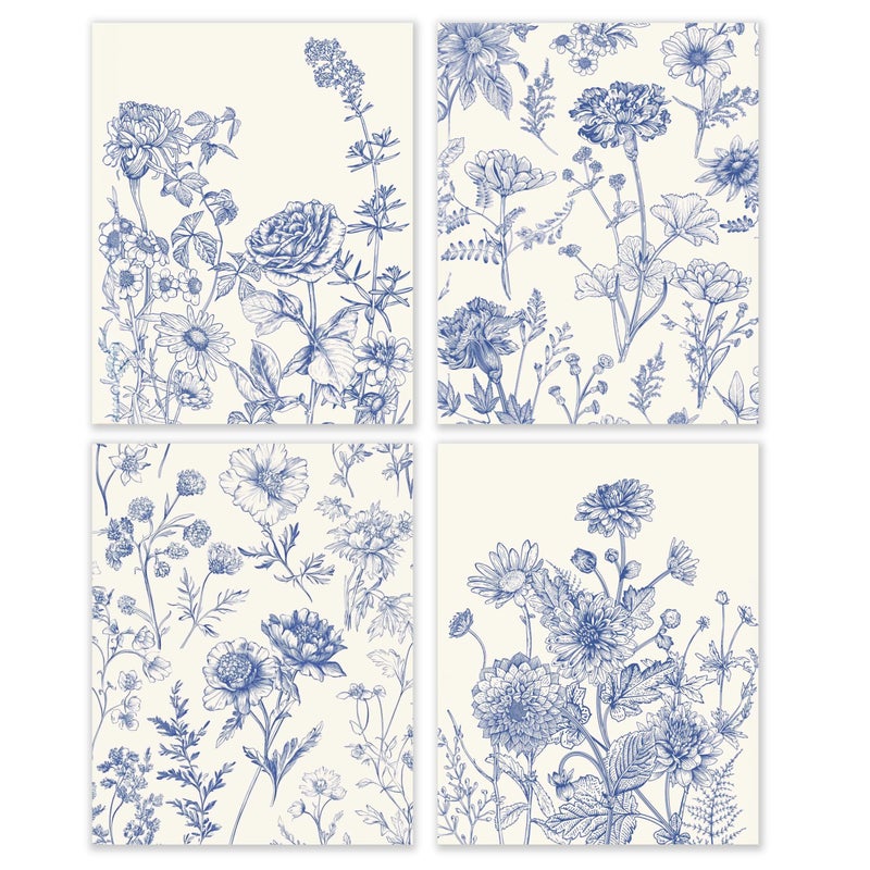 BESERH Chinoiserie Floral Wall Decor, Blue and White Floral Wall Art Prints, Grandmillennial Vintage Flower Posters for Home Bedroom Living Room, 8x10 Inches Set of 4 Unframed - Image 1