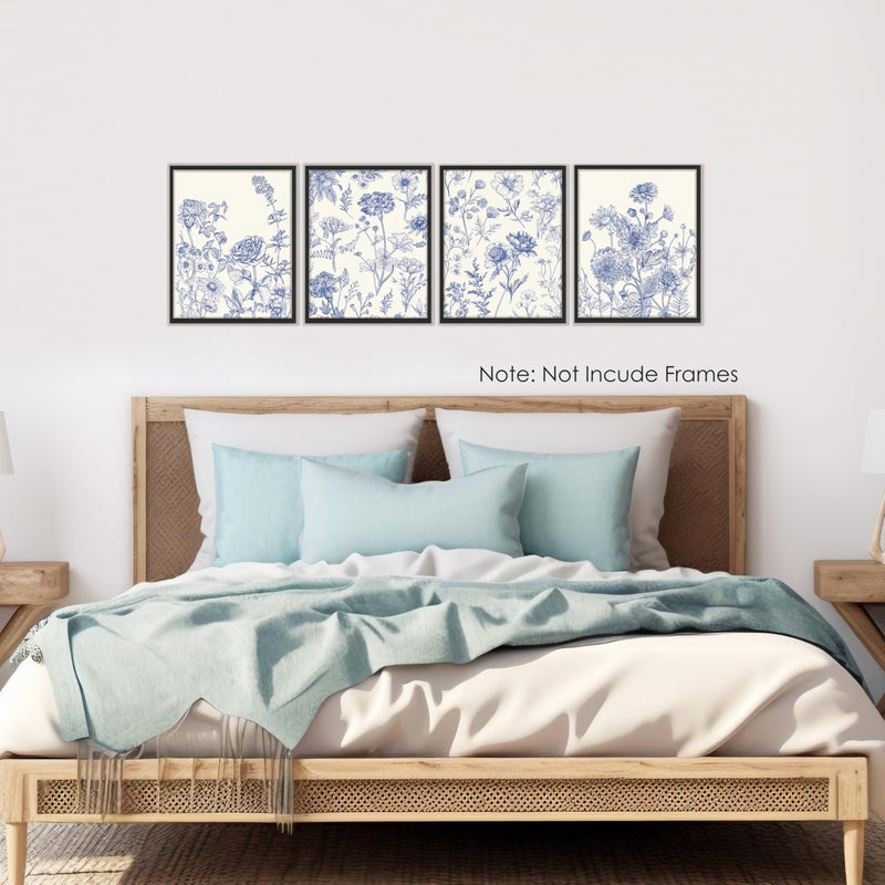 BESERH Chinoiserie Floral Wall Decor, Blue and White Floral Wall Art Prints, Grandmillennial Vintage Flower Posters for Home Bedroom Living Room, 8x10 Inches Set of 4 Unframed - Image 4