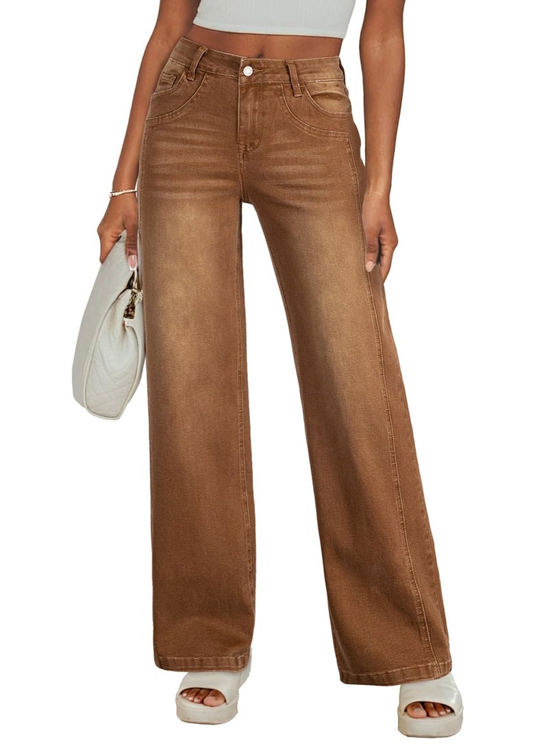 Sidefeel Women's Jeans High Waisted Stretchy Wide Leg Jeans Trendy Loose Fit Straight Leg Denim Pants Brown Size 18 - Image 1