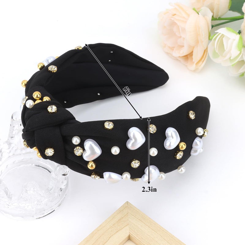 Jaciya Valentines Headband Black Knotted Headbands for Women Girls Heart Head Band Pearl Hair Accessories Valentine's Day Decorations - Image 2