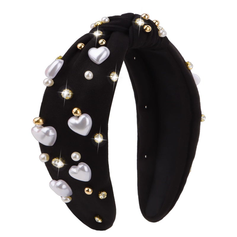 Jaciya Valentines Headband Black Knotted Headbands for Women Girls Heart Head Band Pearl Hair Accessories Valentine's Day Decorations - Image 1