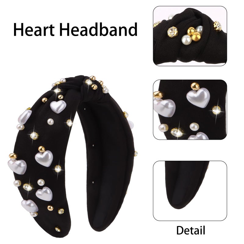Jaciya Valentines Headband Black Knotted Headbands for Women Girls Heart Head Band Pearl Hair Accessories Valentine's Day Decorations - Image 3