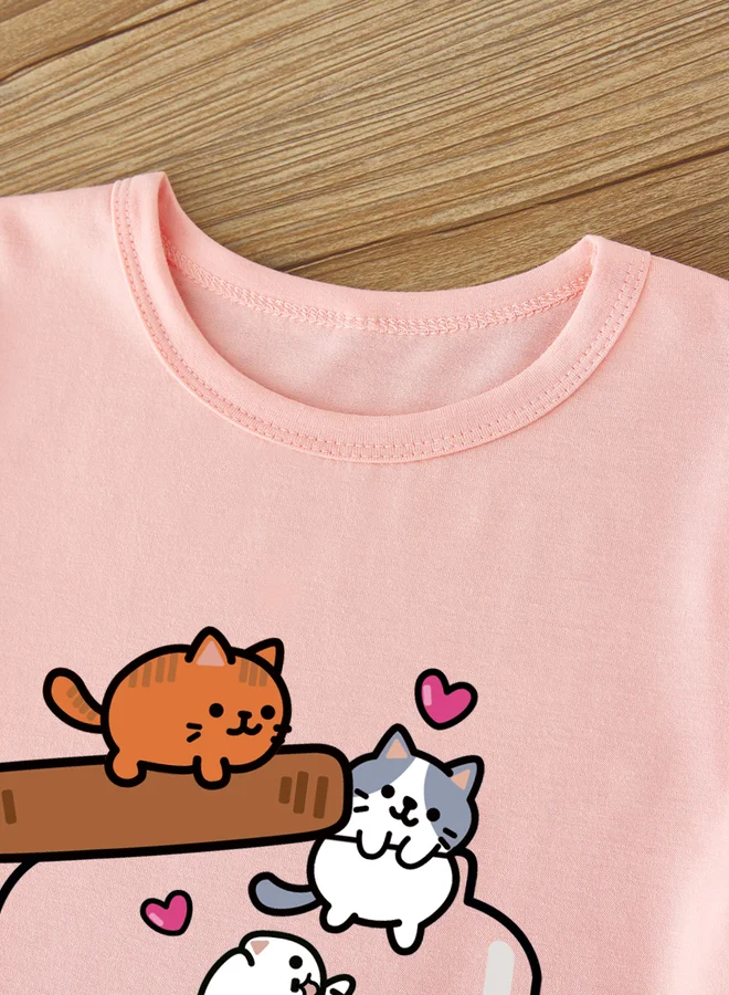 Take Two Take Two Girls Cat Graphic Round Neck T-Shirt