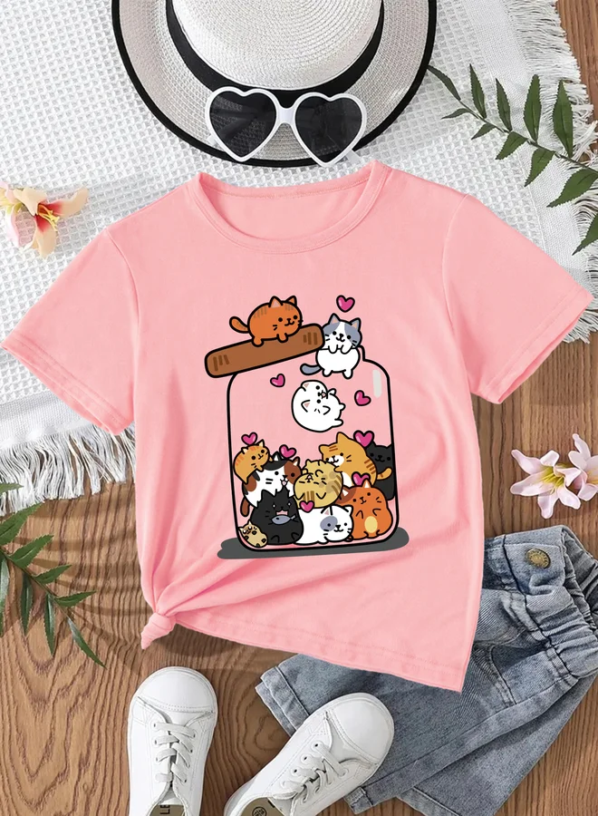 Take Two Take Two Girls Cat Graphic Round Neck T-Shirt