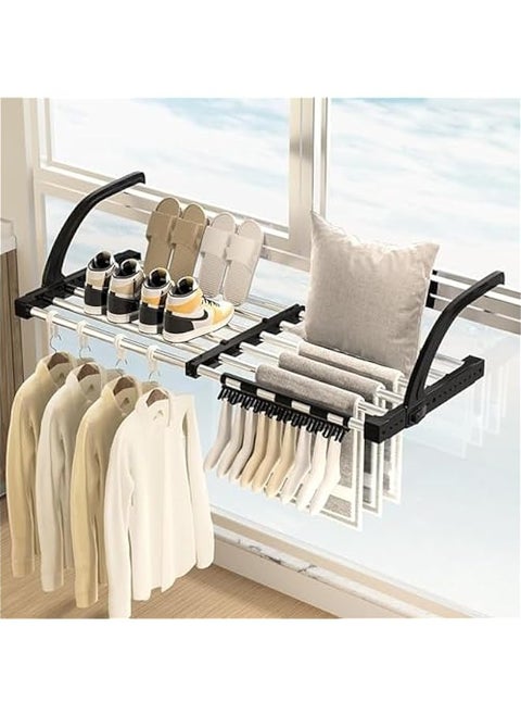 Portable Clothes Drying Rack - Extendable Hanging Stand with 6 Dividers, Sock and T-Shirt Clips - Towel Laundry Rack for Balcony Railings and Windowsill - Indoor Outdoor Folding Shelf (62-110)