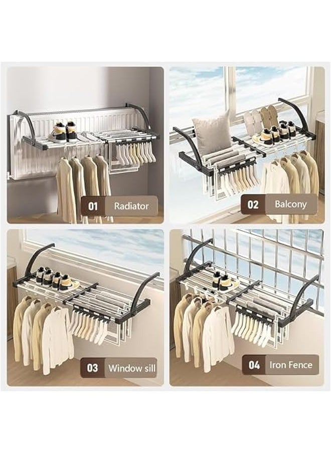 MIXDE - Portable Clothes Drying Rack - Extendable Hanging Stand with 6 Dividers, Sock and T-Shirt Clips - Towel Laundry Rack for Balcony Railings and Windowsill - Indoor Outdoor Folding Shelf (62-110) - Image 1
