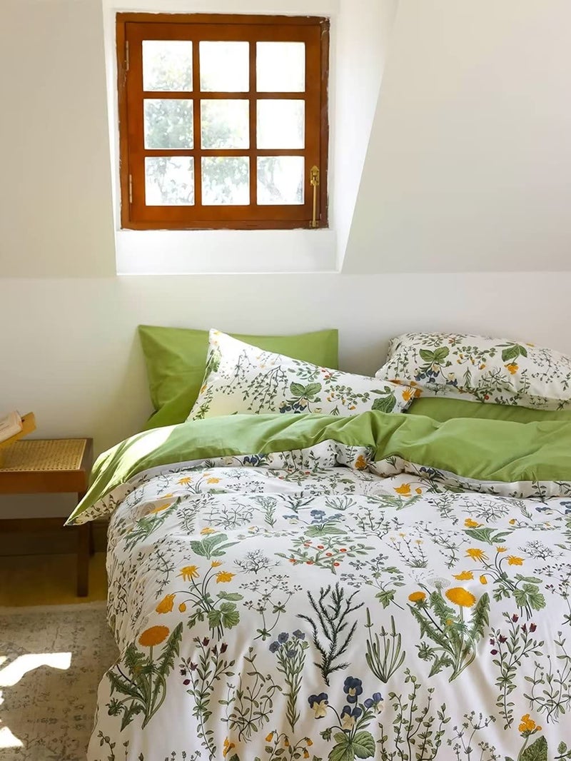 Houseri Green Floral Comforter Set Queen Yellow Small Flowers Botanical Bedding Sets Queen Teen Girls Women Rustic Green Leaves Boho Comforter Queen Size Farmhouse Bed Comforter Blanket Quilt Queen