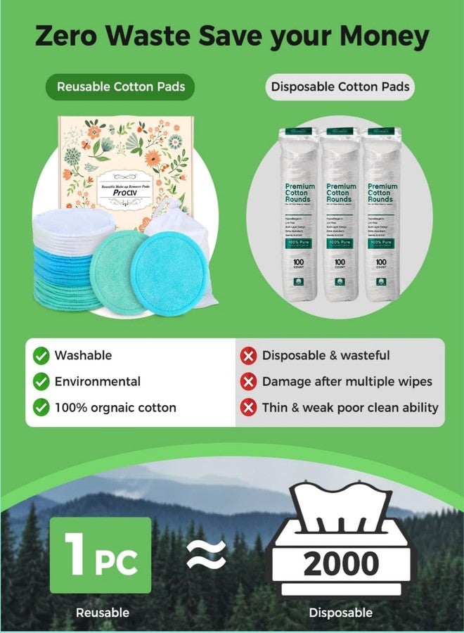ProCIV Reusable Makeup Remover Pads - 18 Packs Organic Reusable Cotton Rounds with Washable Laundry Bag for Toner Eco-Friendly Bamboo & Cotton Reusable Cotton Pads for Face All Skin Types (Blue-White-Green) - Image 2